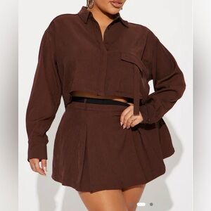Cropped Button-Down Top and Pleated Mini Skirt Set - Chocolate Brown